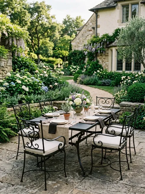 Stone patio with wrought iron furniture