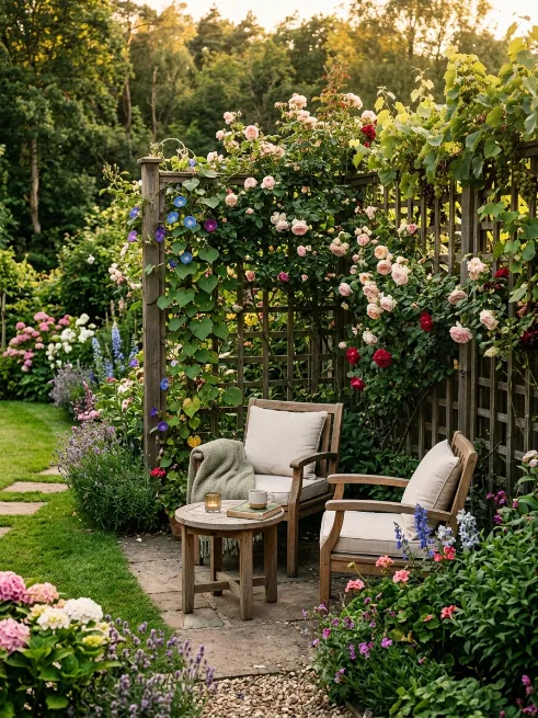 Trellis panels with climbing plants