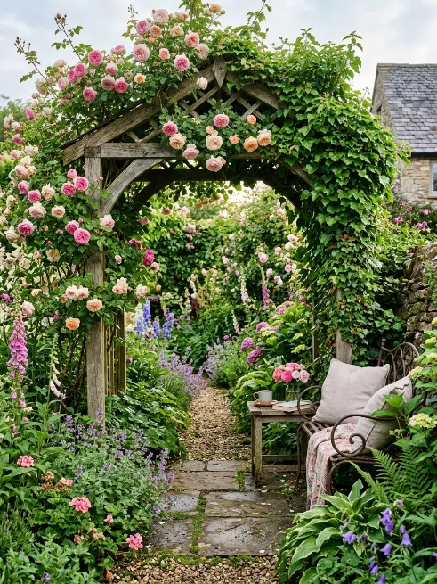 Trellis with climbing roses or ivy