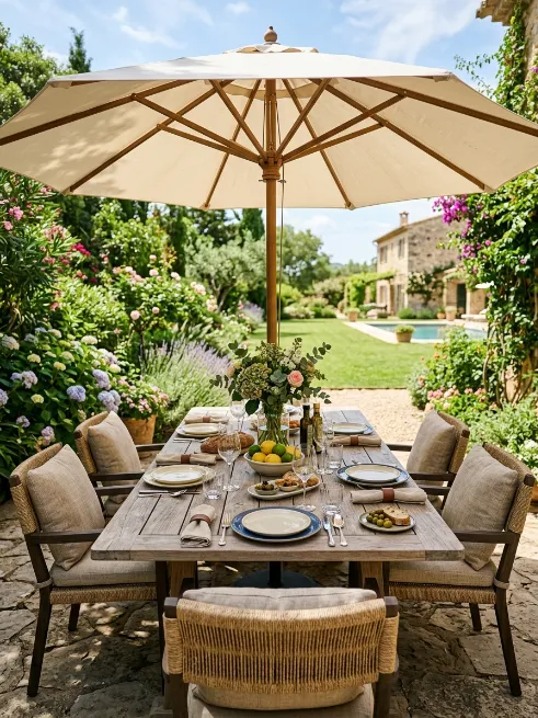 Umbrella table combo for dining areas
