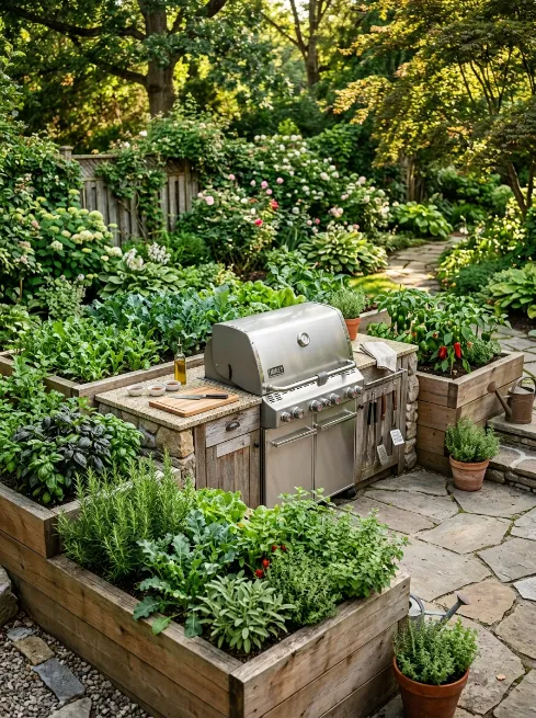 Use raised garden beds to border the cooking area