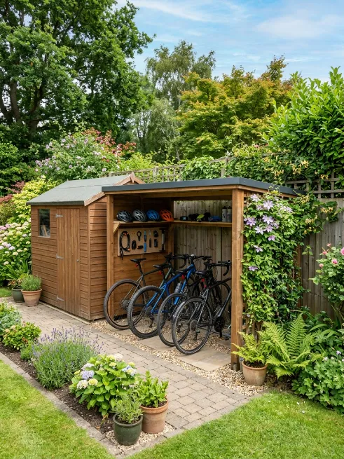 Use a bike storage rack or shed