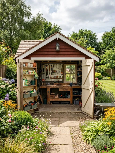 Use a multi purpose storage shed with a workspace