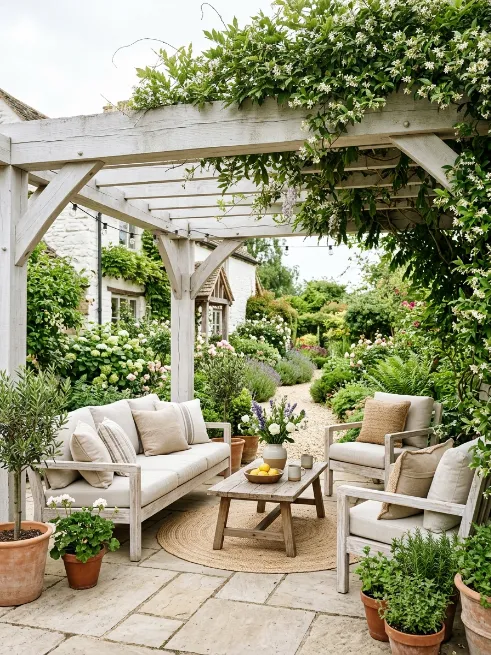 Whitewashed farmhouse pergola