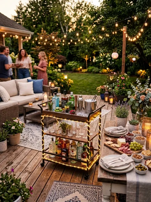 Wrap lights around outdoor bar carts or serving tables
