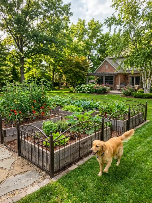 A raised garden bed barrier