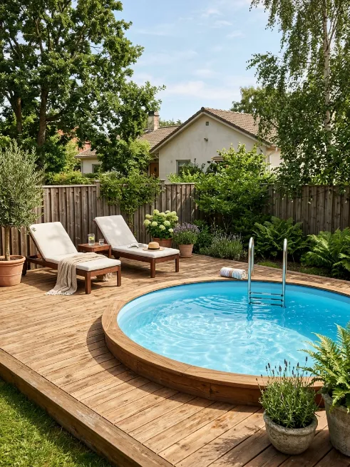 Above ground pool with a deck