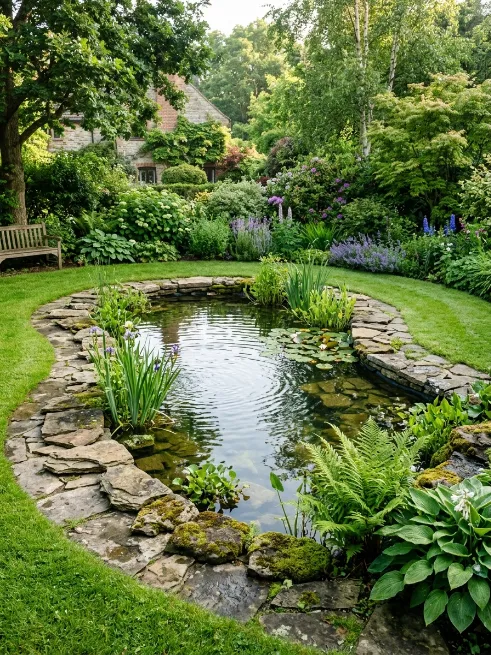 Classic round pond with natural stone edging