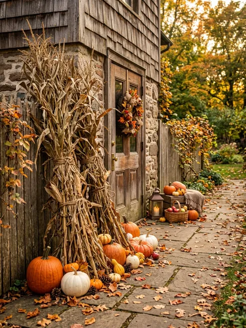 Corn stalk bundles by the entrance