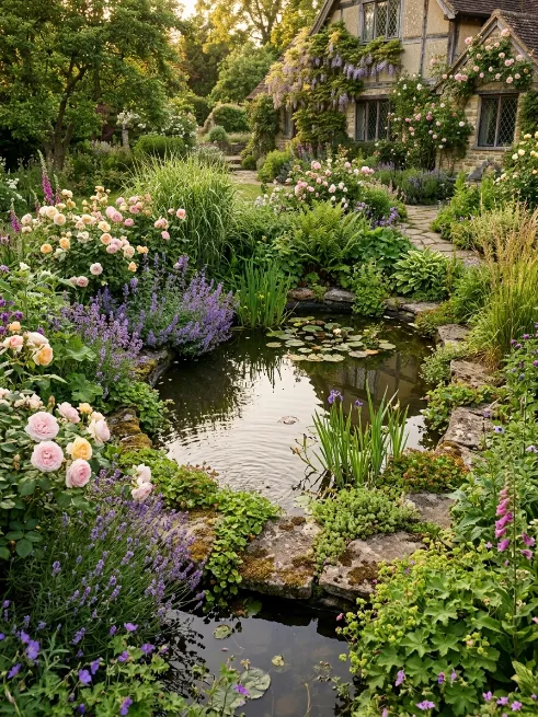 Cottage style pond with overflowing plants