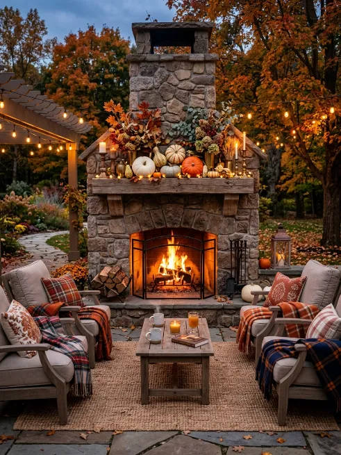 Cozy outdoor fireplace mantel styling