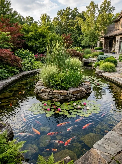 Fish pond with an island