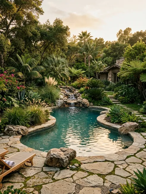 Freeform pool with natural landscaping