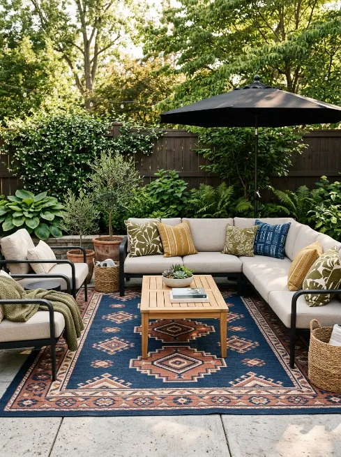 Go bold with an outdoor rug and patterned cushions