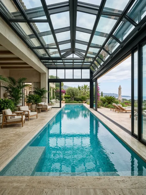 Indoor outdoor pool with retractable cover