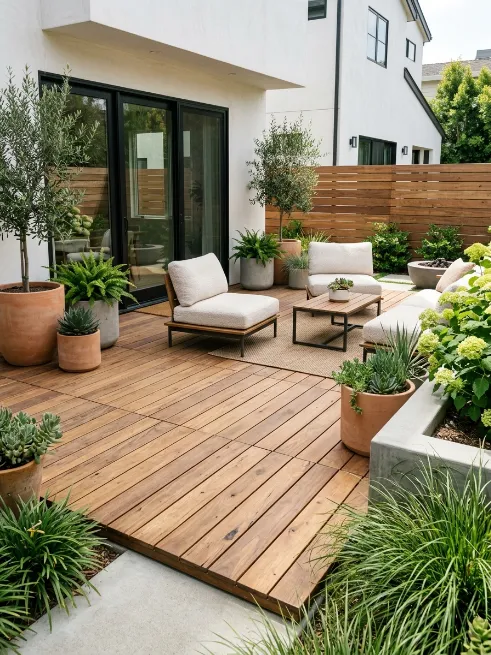 Install floating wooden deck tiles