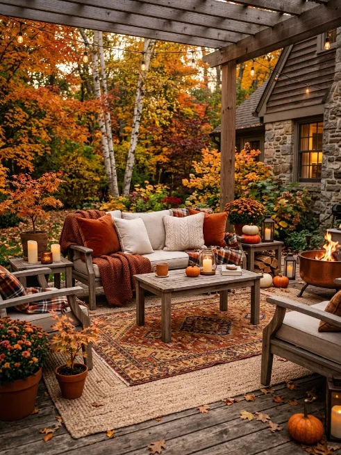 Layered outdoor rugs for cozy texture