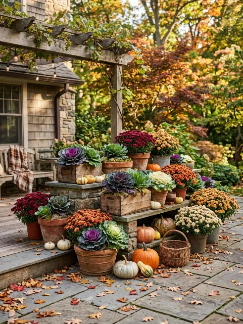 Layered planters with kale and cabbage