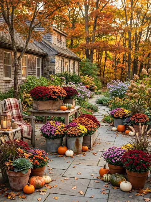 Mixed mums in rustic containers
