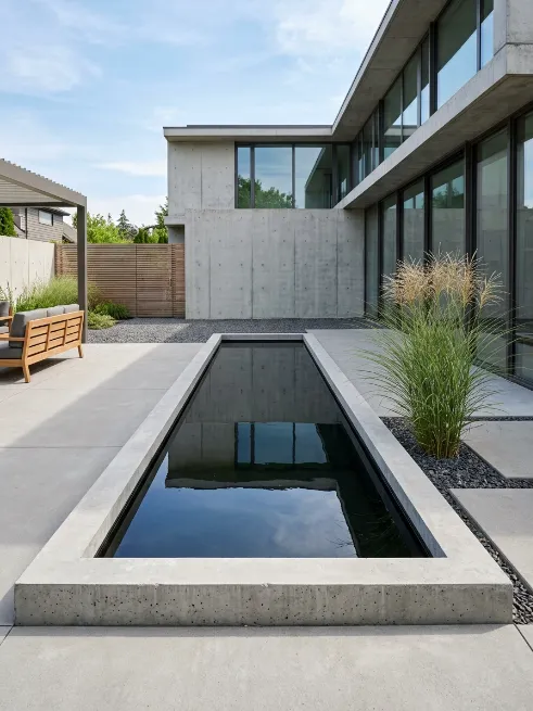 Modern geometric pond with concrete edging