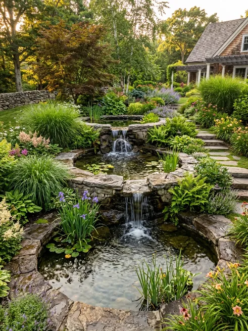 Multi level pond with several waterfalls