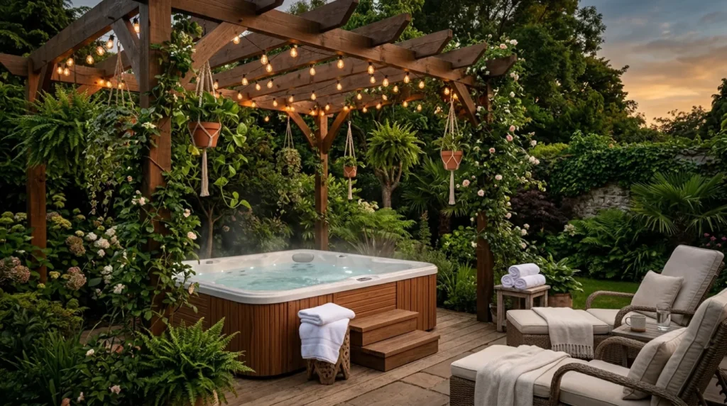 Pergola covered hot tub