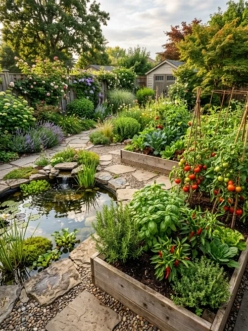 Pond combined with a vegetable or herb garden
