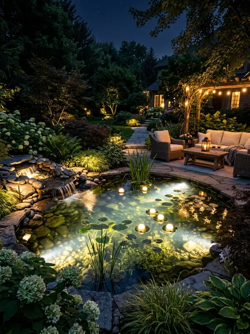 Pond with colorful lighting