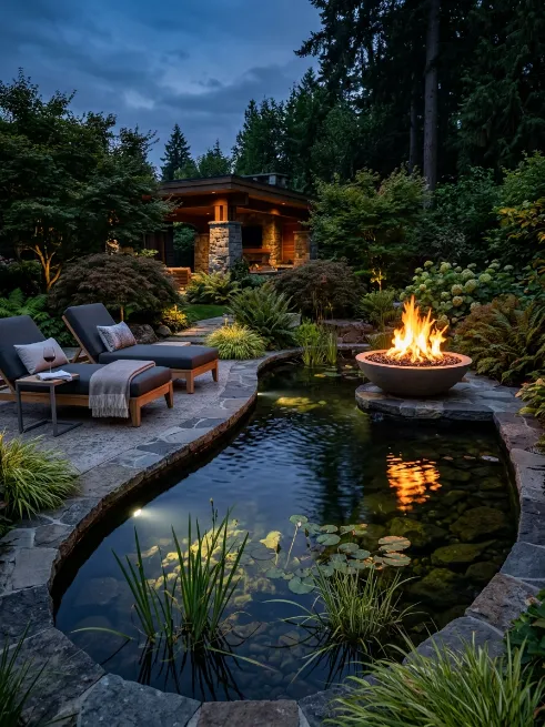 Pond with a built in fire feature