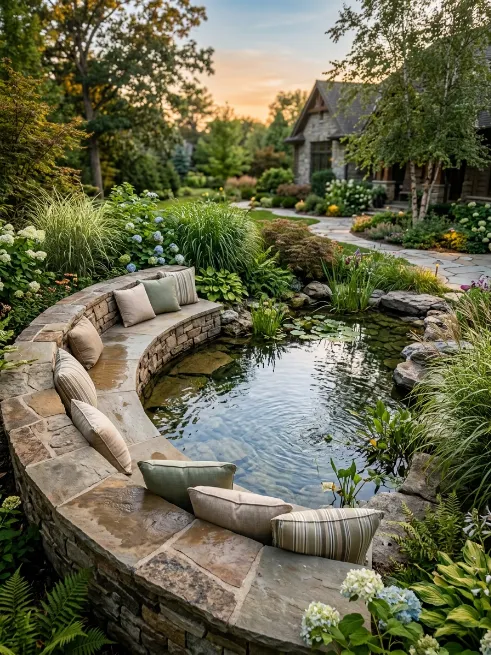Pond with a built in seating wall