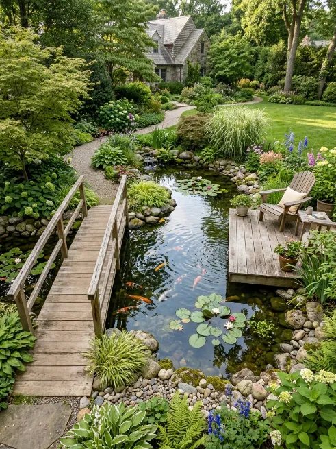 Pond with a deck or bridge over it