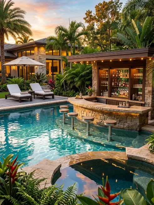 Pool with a swim up bar