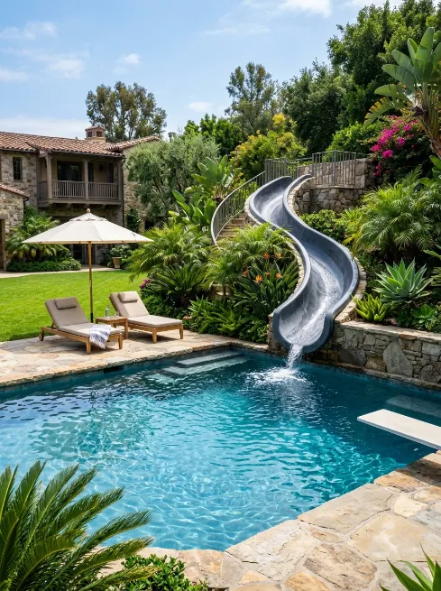 Pool with an attached water slide
