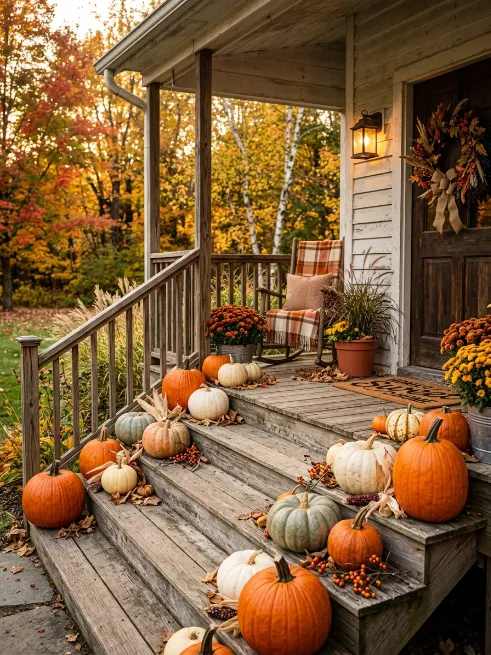 Pumpkin display on the porch steps