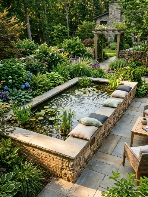 Raised pond built with wood or brick