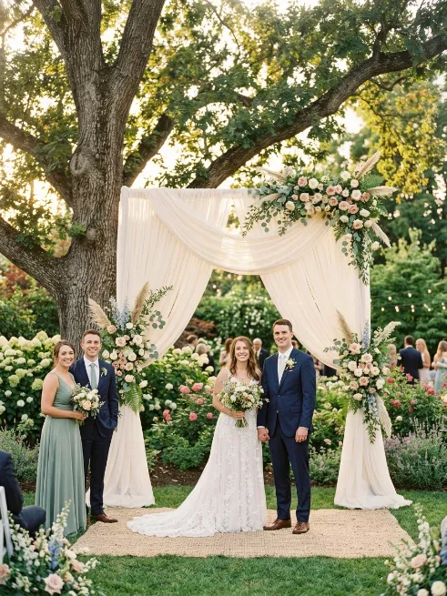 Set up a photo backdrop with fabric drapes